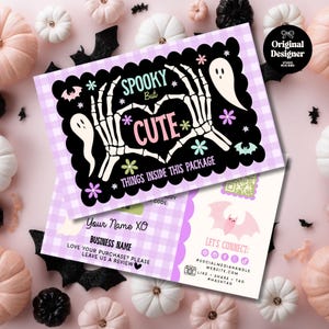 May include: Two Halloween-themed cards with a pink and purple color scheme. One card features a skeleton hand heart design with the words "Spooky But Cute." The other card has a bat graphic and social media handles.