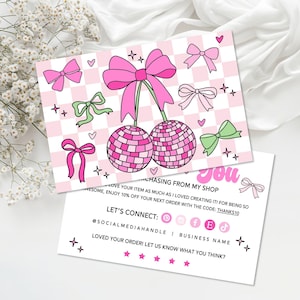 Trending Coquette Disco Ball Business Thank You Card Canva Template, Editable Retro Pink Bows Customer Printable Packaging Insert Card - AMY