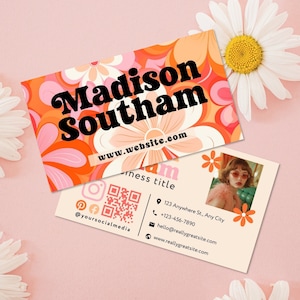 Druckbares Groovy Daisy Visitenkartendesign Canva, bearbeitbare Retro Visitenkartenvorlage, QR-Code Visitenkarte, DIY scannbare Karte - THEA