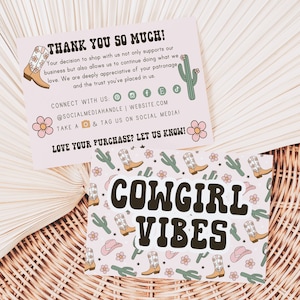 Retro Cowgirl Western Business Thank You Card Template, Desert Editable Thanks For Your Purchase, DIY Small Business Package Insert - Howdy