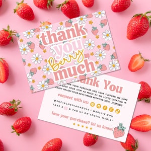 Strawberry Business Thank You Card Canva Template, Editable Summer Fruit Customer DIY Thank You Business Packaging Insert Card - BERRY