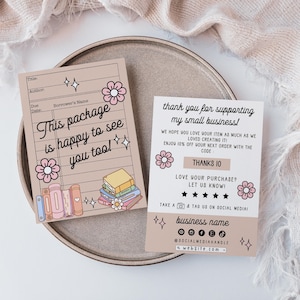 Tarjeta de biblioteca editable de agradecimiento para clientes, plantilla de Canva para tarjetas de agradecimiento para empresas amantes de los libros, tarjeta de inserción de agradecimiento divertida y retro linda para hacer tú mismo