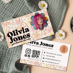Boho Printable Daisy Business Card Design, Retro Business Card Template QR Code, DIY Floral Calling Card, Editable Canva Template