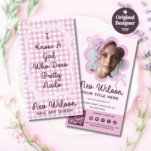 Beauty Business Card Canva Template with QR Code, Editable Nail Artist Business Card, Printable Preppy Coquette Salon Business Card - NEV