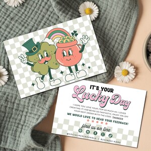 St. Patrick's Day Thank You Card Template, Printable Retro Characters Four Leaf Clover and Pot of Gold Gratitude Note, DIY Editable Card