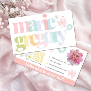 Rainbow Business Card Template QR Code, Pastel Daisy Printable Business Card Design, DIY Summer Calling Card, Editable Canva Template - JUNE