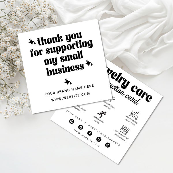 Jewelry Care Card CANVA Template, Retro Business Thank You Card Insert, Modern Jewelry Care Instructions, Printable Care Card - SARA