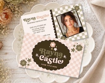 Personalized Retro Business Card Template, Editable Canva Business Card, Floral Checkered Branding Card, Boutique Beauty Salon Card - EDEN