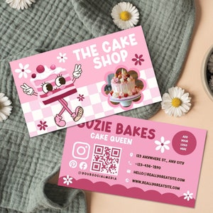 Cake Business Card Template, Printable Retro Business Card Design, QR Code Business Card, Scannable Card, Editable Canva Template - CUTE