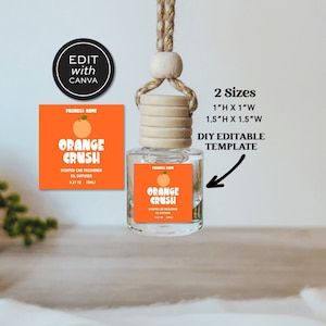 May include: DIY editable template for a car air freshener label. The label is orange with white text that says "Orange Crush" and features a small orange graphic. The label is available in two sizes: 1 inch by 1 inch and 1.5 inches by 1.5 inches.