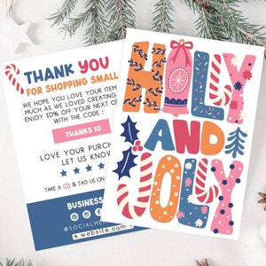 Boho Christmas Colorful Business Thank You Card Canva Template, Cute Bright Holiday Printable Thanks For Your Purchase, DIY Package Insert
