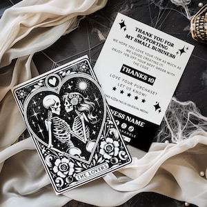 Editable Skeleton Lovers Tarot Business Thank You Card Canva Template, DIY Printable Halloween Package Insert, DIY Goth Thank You Postcard