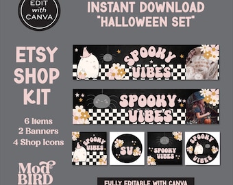 Retro Cute Ghost Halloween Etsy Banner Canva Template, Etsy Store Branding Editable Spooky Halloween Shop Banner, Groovy Etsy Shop Cover