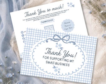 Blue Gingham Thank You Card Template, Editable Canva Packaging Insert, Small Business Thank You Note, Cottagecore Order Card - BESS