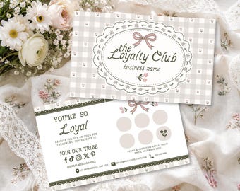Editable Loyalty Card Canva Template, Punch Card, Rewards Card for Small Business, Neutral Gingham Lace, Cottagecore Design- ETTA