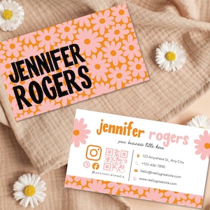 Boho Printable Daisy Business Card Design, Retro Business Card Template QR Code, DIY Floral Calling Card, Editable Canva Template