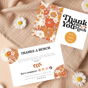 Boho Retro Thank You Card Template, Editable Business Groovy Flower ...