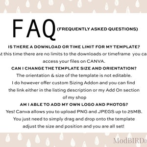 Pode incluir: Uma caixa de texto branca com borda preta e o texto "FAQ (FREQUENTLY ASKED QUESTIONS)" no topo. A caixa de texto cont&eacute;m informa&ccedil;&otilde;es sobre modelos para download, incluindo as limita&ccedil;&otilde;es de tamanho e orienta&ccedil;&atilde;o, e a possibilidade de adicionar logotipos e fotos. A caixa de texto est&aacute; em um fundo com um padr&atilde;o de gotas de chuva brancas em um fundo marrom claro.