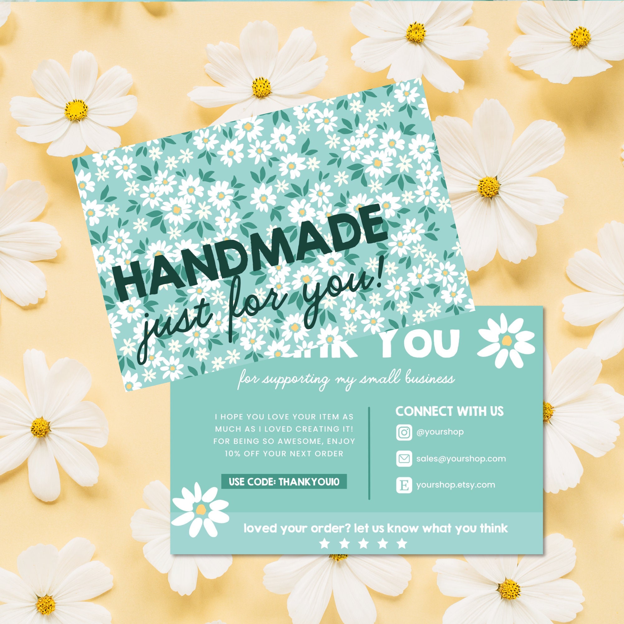 Retro Daisy Thank You Card Template, Editable Small Business Floral ...