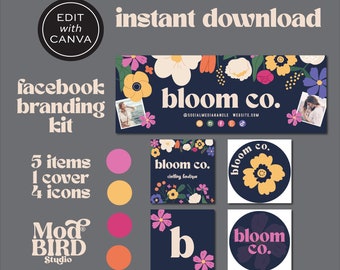 Könnte beinhalten: Ein Social-Media-Branding-Kit für eine Bekleidungsboutique namens "bloom co.". Das Kit enthält ein Facebook-Titelbild, vier Symbole und eine Farbpalette. Die Farbpalette umfasst Pink, Gelb, Rot und Orange. Das Facebook-Titelbild zeigt ein Blumenmuster mit dem Text "bloom co." sowie die Social-Media-Handles und die Website-Adresse. Die Symbole zeigen ein Blumenmuster mit dem Text "bloom co." und einem stilisierten "b".