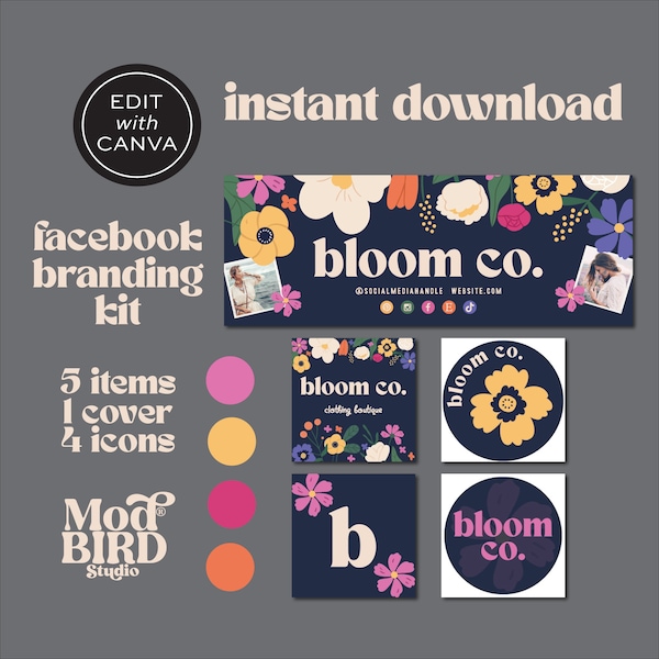 Floral Facebook Cover Template, Bright Flowers Facebook Banner, Facebook Icon, Facebook Business Cover Image, DIY Facebook Canva Template