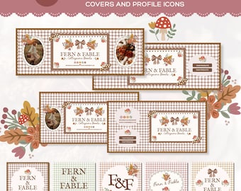 Autumn Cottagecore Facebook Branding Kit Canva Template, Brown Gingham Facebook Cover & Profile Icons, Vintage Floral Brand Kit - BEA