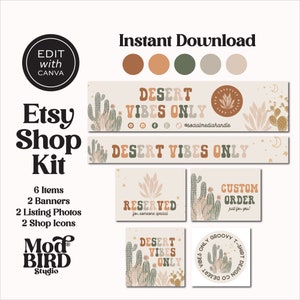 Desert Cactus Etsy Shop Template Canva, Etsy Banner Template, Etsy Store Branding, Editable Etsy Store Banner, Western Etsy Shop Branding