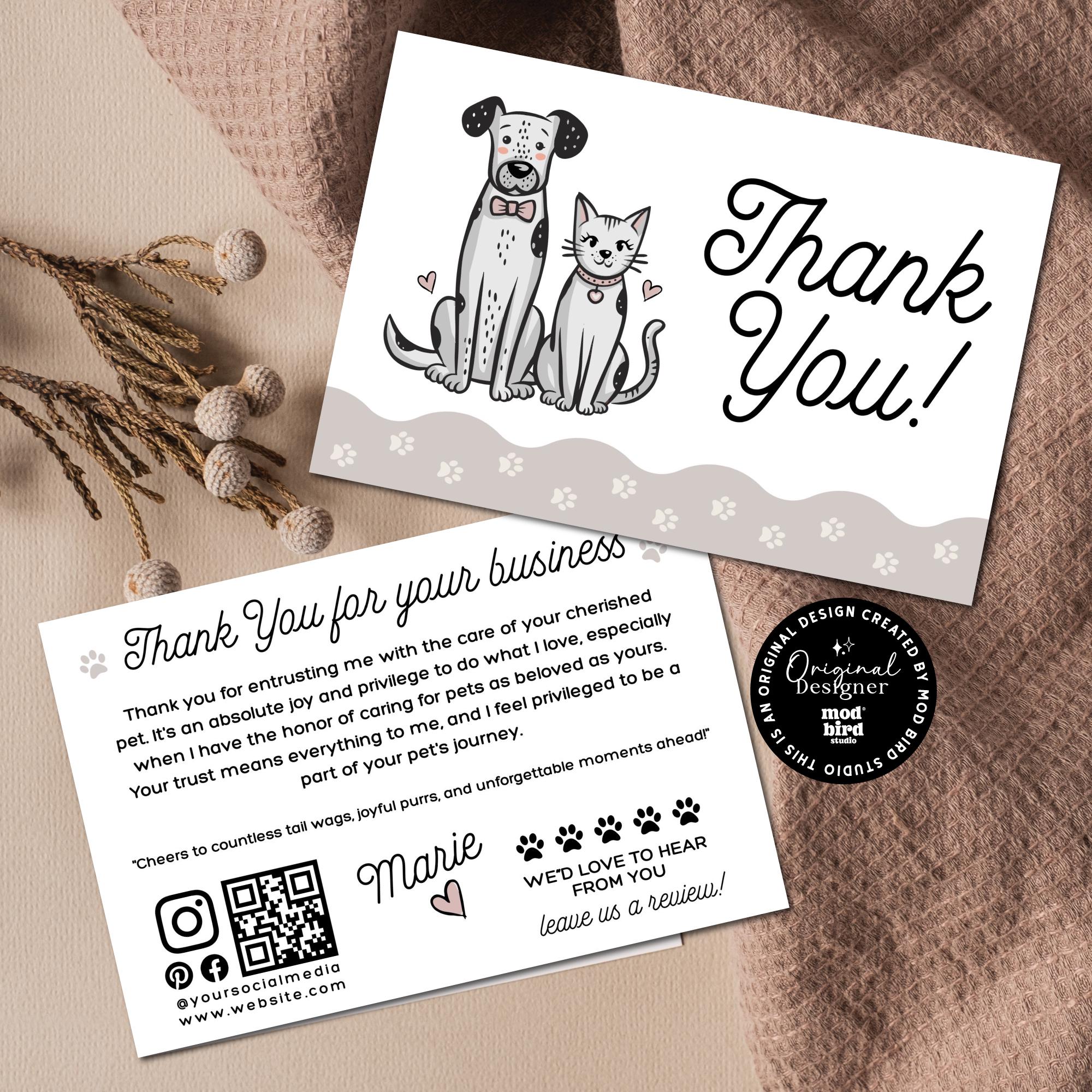 Editable Business Pet Thank You Card Canva Template, Printable Animal Business Thank You, QR Code Dog Walking Pet Sitting Pet Boarding-CD1