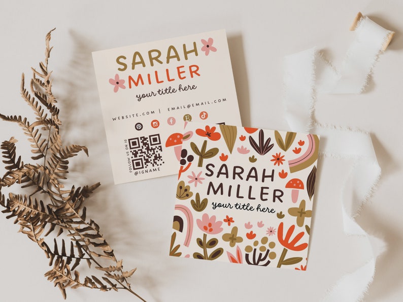 Retro Business Card Template QR Code Boho Printable Square - Etsy