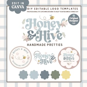 Può includere: Un modello di logo per un'azienda chiamata "Honey & Hive" con un'ape e dei fiori. Il logo è in uno schema di colori blu chiaro e rosa. Il testo "Handmade Pretties" è incluso anche nel design.