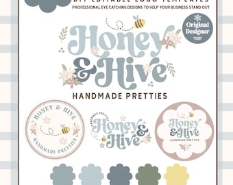 Cottagecore Bee Logo Template, Boho Canva Logo for Small Business, DIY Floral Branding, Editable Whimsical Logo Design Branding Kit - EVA