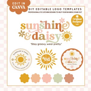 Op de afbeelding: Een grafisch ontwerp met de woorden "sunshine & daisy" in een retro lettertype, vergezeld van illustraties van zon en bloemen. Het ontwerp bevat de tekst "Stay groovy, wear pretty" en "DIY Editable Logo Templates".