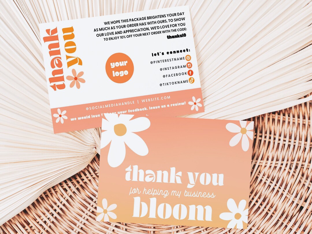 Retro Daisy Thank You Card Template Editable Small Business - Etsy