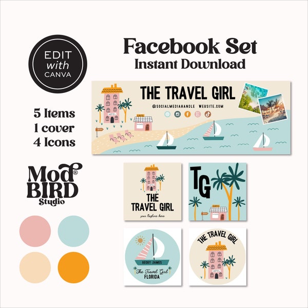 Travel Agent Facebook Cover Template, Holiday Facebook Banner, Facebook Icon, Facebook Business Cover Image, DIY Facebook Canva Template