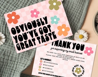 Retro Daisy Thank You Card Template, Editable Small Business Boho Thank You Card, DIY Package Insert, Printable Rainbow Thank You,