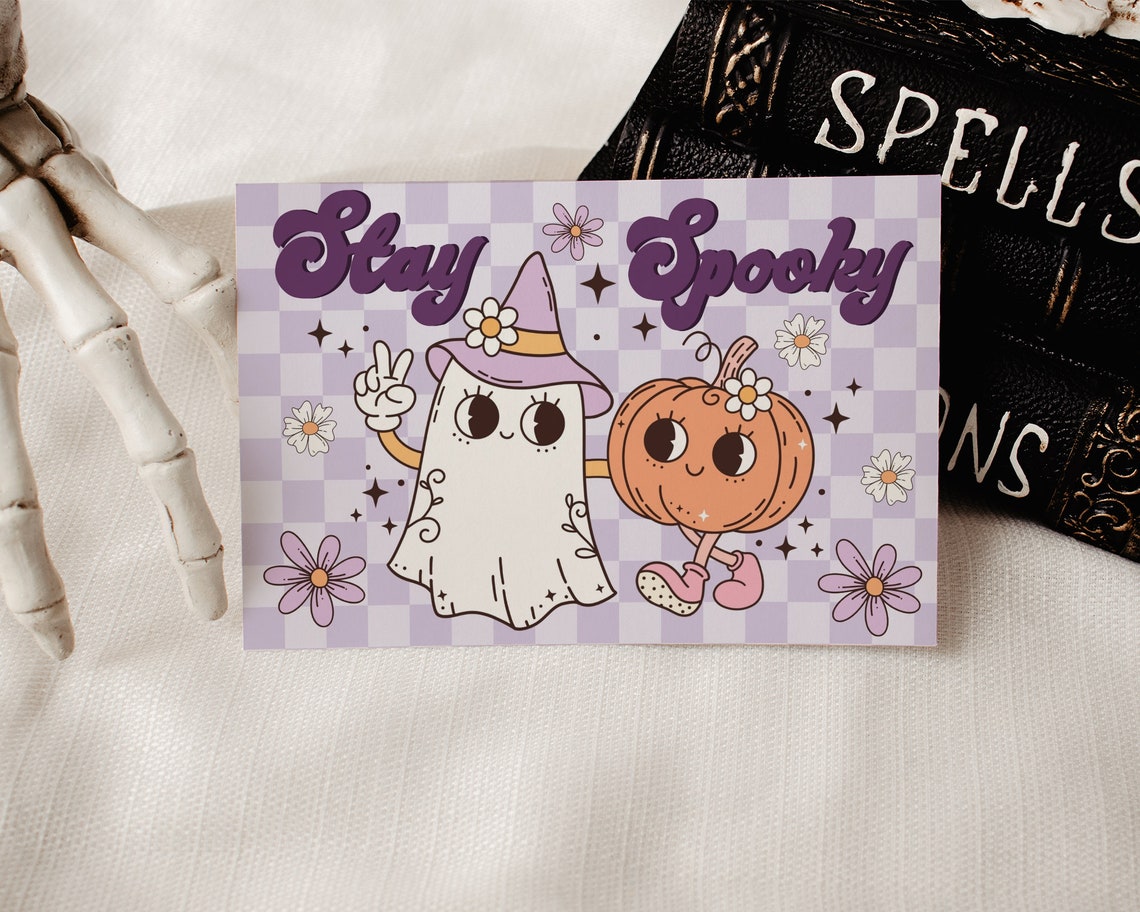 Editable Retro Groovy Halloween Business Thank You Card Canva Template ...
