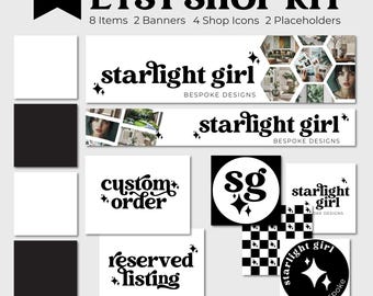 Pode incluir: Kit de loja Etsy preto e branco com 8 itens, incluindo 2 banners, 4 ícones de loja e 2 marcadores de posição. Os banners apresentam o texto "starlight girl" com o slogan "bespoke designs". Os ícones da loja incluem um ícone de pedido personalizado, um ícone de lista reservada e dois ícones com o texto "starlight girl" e as iniciais "Sg".