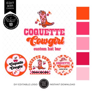 Retro Western Business Logo Template Canva, Editable Trendy Cowgirl Boot Logo, Hat Bar Logo Branding Kit, Cute Cherries Premade Logo - KELI