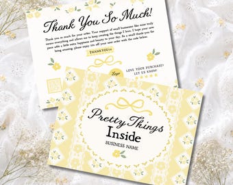 Editable Cottagecore Thank You Card Canva Template, Vintage Floral Small Business Insert, Butter Yellow Coquette Packaging Card - Nell