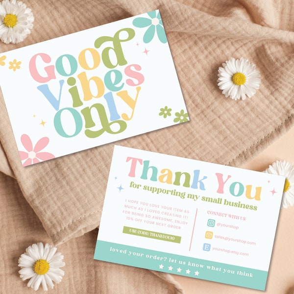 Editable Small Business 70s Groovy Thank You Card, Retro Thank You Card Template, DIY Package Insert, Printable Daisy Thank You, Canva - MOD