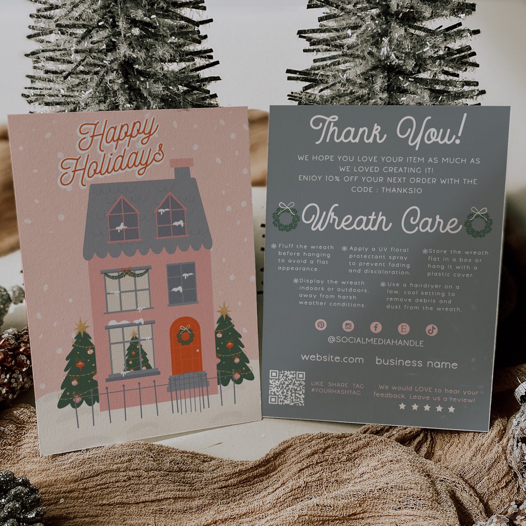 Artificial Wreath Care Card Template, Editable Retro Wreath Care