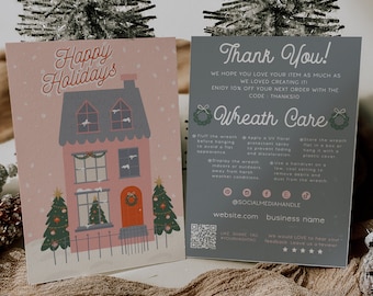 Editable Wreath Care Card Template, Retro Holiday Wreath Care Instructions, Canva Garland Storage Guide, DIY Artificial Wreath Tips