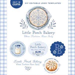 May include: A collection of editable logo templates for Little Porch Bakery featuring watercolour illustrations of bread, a jar, and a bowl in blue and beige tones. The text reads Little Porch Bakery Where Tradition Rises Daily in various layouts.