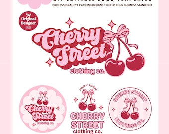 Coquette Retro Cherry Business Logo Template Canva, Editable Trendy Cherries Aesthetic Logo Design, Logo Branding Kit, DIY Branding - CHERI
