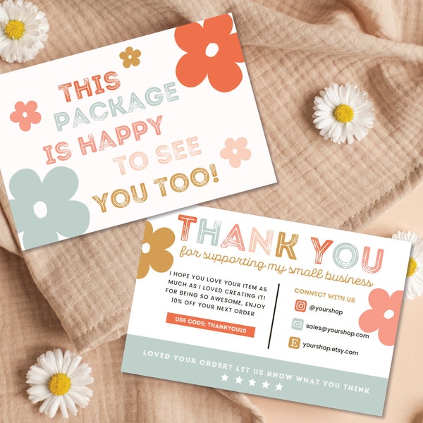 Retro Daisy Thank You Card Template, Editable Small Business Boho Thank You Card, DIY Package Insert, Printable Rainbow Thank You,
