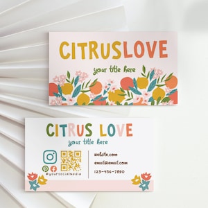 Fruit Business Card Template QR Code, Lemon and Orange  Bohemian Printable Business Card Design, Business Branding, Editable Canva Template
