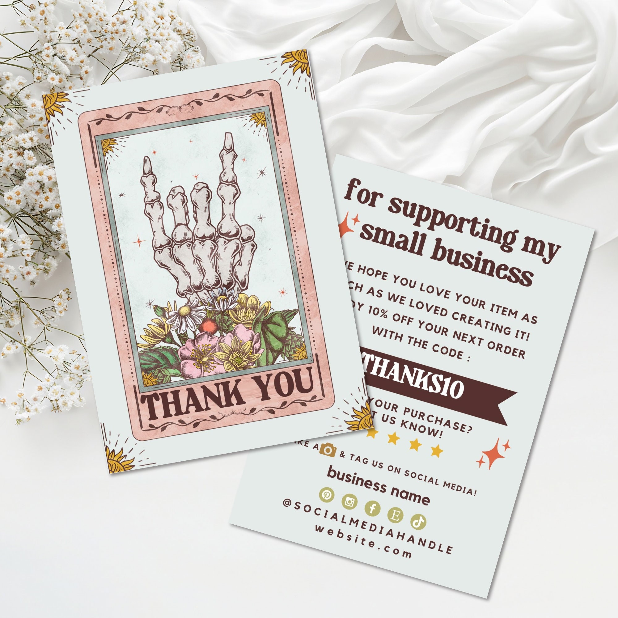 Editable Retro Groovy Skeleton Hand Tarot Business Thank You Card Canva ...