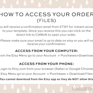 Pode incluir: Um fundo bege com gotas de chuva brancas. O texto em um ret&acirc;ngulo branco diz: "HOW TO ACCESS YOUR ORDER (FILES)". O texto explica como acessar os arquivos do seu pedido do Etsy.com em um computador ou telefone. O texto tamb&eacute;m indica que voc&ecirc; n&atilde;o pode baixar do aplicativo Etsy.