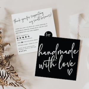 Editable Boho Thank You Card Template, Square Business Card Thanks For Your Purchase Template, Black Printable Package Insert Card Canva