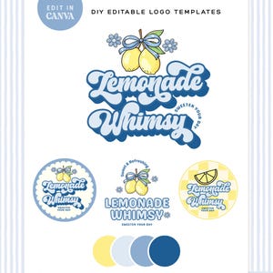 Pode incluir: Um conjunto de modelos de logotipo editáveis DIY com o texto Lemonade Whimsy e Sweeten Your Day. O design inclui limões amarelos com fitas azuis e flores, apresentados em vários layouts circulares e empilhados com uma paleta de cores azul e amarela.